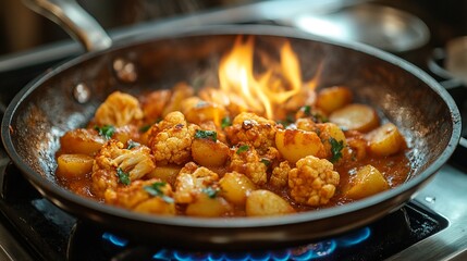 Stir-fry of Cauliflower and Potatoes Sizzling with Fresh Herbs.