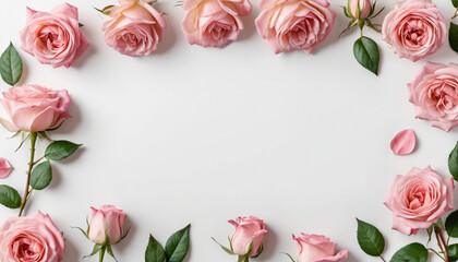 Elegant Pink Rose Floral Frame on White Background for Weddings and Invitations