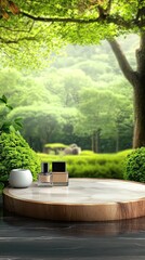Medium-sized natural podium features moss and wood, providing an elegant setting for product display in a minimalistic style
