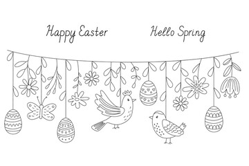 Festive Easter garland with decorated eggs, butterflies, birds and flowers. Vector illustration in hand drawn doodle style, black outline. Perfect for greeting cards, invitations, coloring