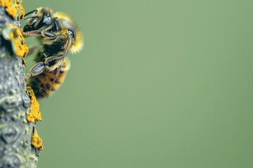Close-up of a bee on a textured branch.