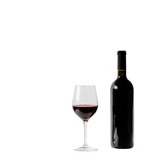 Elegant Display of Red Wine in a Stylish Glass Accompanied by a Classic Bottle on a Black Background, Ideal for Culinary and Beverage Marketing Visuals