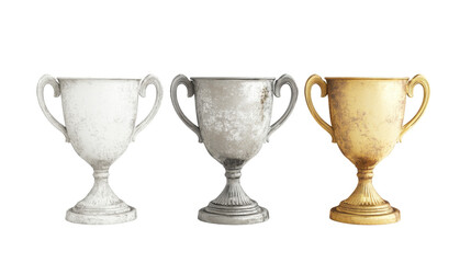 Three Decorative Trophy Cups in Silver, Gold, and White Finishes for Celebrating Achievements and Victories in Awards and Competitions