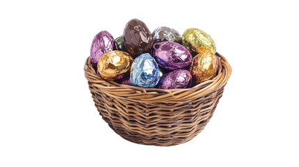 Colorful Chocolate Eggs in Woven Basket for Festive Celebrations, Perfect for Easter, Spring Celebrations, Gift Ideas, and Holiday Decor