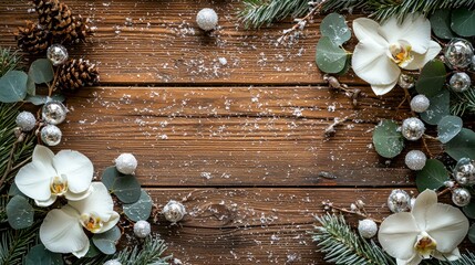 Elegant Christmas Border with Silver Ornaments and Orchid Flowers on Wooden Table Surrounded by Evergreen Sprigs and Pinecones