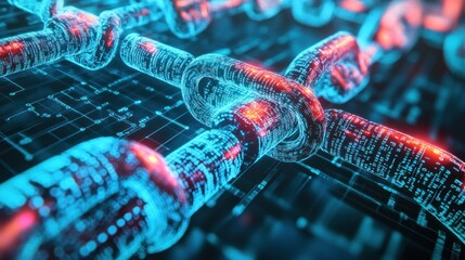 Abstract digital chain links glowing with data.