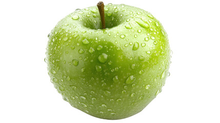 Fresh Green Apple with Water Droplets on Surface, Symbolizing Health, Nutrition, and Natural Ingredients, Isolated on White Background for Culinary and Lifestyle Themes