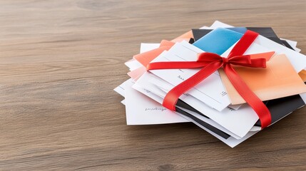 Fototapeta premium A stack of colorful envelopes tied with a red ribbon resting on a wooden surface.