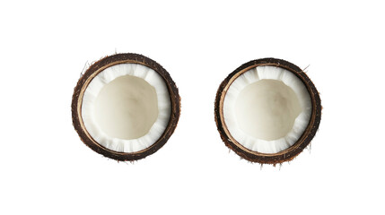 Freshly Cut Coconut Halves Displaying Creamy White Flesh and Smooth Interior Surrounded by Hard Shell Suitable for Various Culinary Uses and Tropical Themes