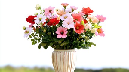 A vibrant bouquet of colorful flowers in a beige vase, set against a bright background, showcasing a variety of blooms and lush greenery.