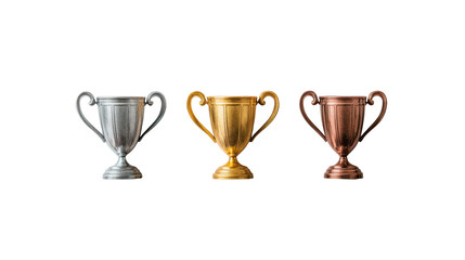 Three Distinctive Trophy Cups in Silver, Gold, and Bronze Arranged in a Row, Symbolizing Achievement, Success, and Competitions for Award Recognition