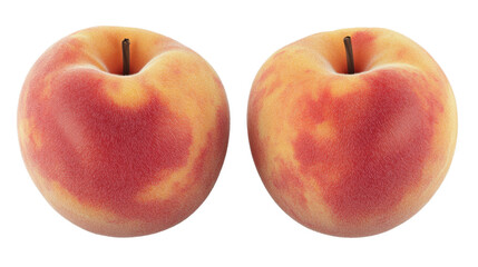 Two Fresh Ripe Peaches with Beautiful Blush Color on a White Background, Highlighting Their Natural Texture and Juicy Appeal for Food and Culinary Use