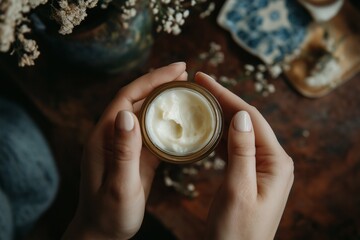 Moisturizing body lotion: Bottle of body lotion being poured onto palms before spreading evenly across arms and leg