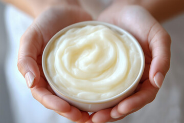 Moisturizing body lotion: Bottle of body lotion being poured onto palms before spreading evenly across arms and leg