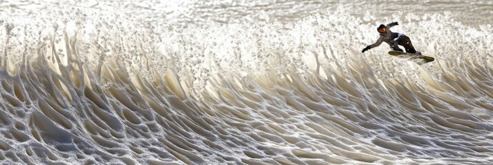 A surfer rides a large wave, showcasing the thrill of water sports and ocean dynamics.