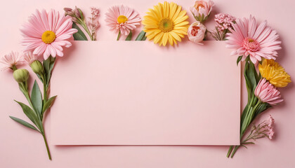 Elegant Pink Floral Frame with Blank Card on a Soft Pink Background for Invitations and Greetings