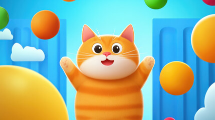 Obraz premium A cheerful orange cat with big eyes joyfully interacts with colorful balls against a bright blue sky backdrop, creating a playful and vibrant atmosphere.