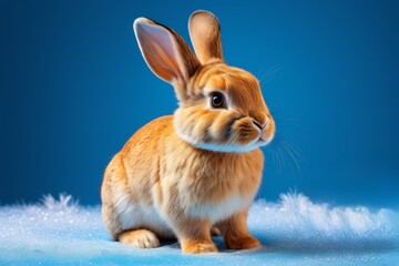 Fototapeta premium there is a small rabbit sitting on a fluffy blue surface