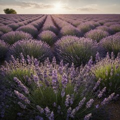 Obraz premium A field of lavender stretching toward the horizon, white background.