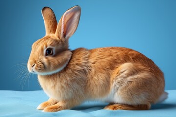 Fototapeta premium there is a small rabbit that is sitting on a blue surface