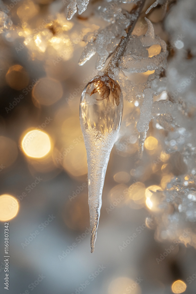 Poster Close-up of a shimmering icicle with glowing bokeh in the background