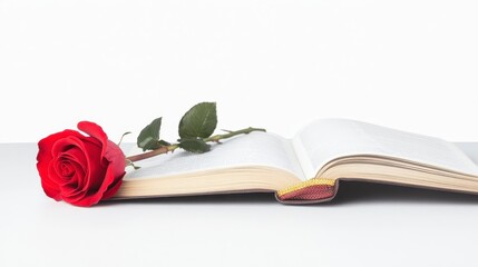 A red rose rests on an open book, symbolizing love, literature, and romance against a clean, minimalist background.