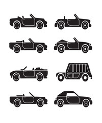 Minimalist Black Car Icon Set Featuring Convertible Models and Unique Roof Designs