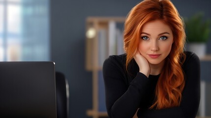 Close-up Photo: Confident Redhead Woman Posing Pensively at Office Desk. AI Generated