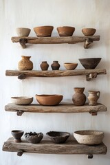 Handcrafted mud pottery items arranged neatly on a rustic wooden shelf.