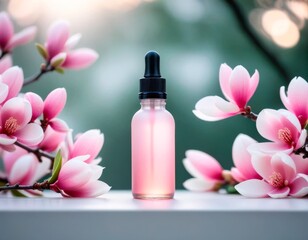 Skin care packaging. Facial serum in a dropper bottle on a white table with pink magnolia flowers