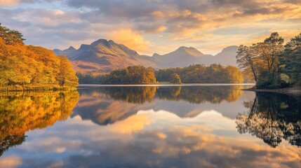 Naklejka premium Serene autumn sunrise over a calm lake reflecting colorful trees and mountains.