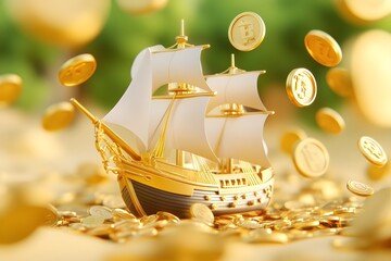 A golden ship with gold coins floating in the air, with an overall background of light yellow and gold colors. The sail is covered by large shiny metal coins that float around it