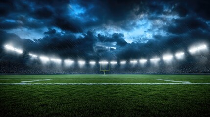 Cheering fans fill the stands under stadium lights, creating an electric atmosphere against the stormy sky on game night