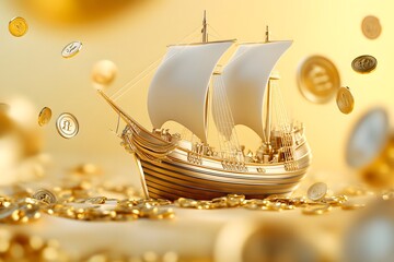 A golden ship with gold coins floating in the air, with an overall background of light yellow and gold colors. The sail is covered by large shiny metal coins that float around it