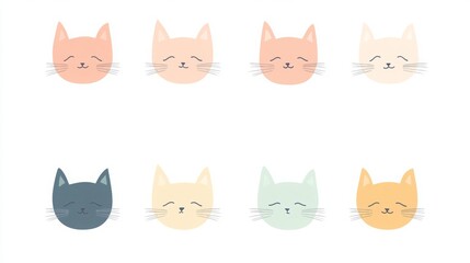 A cute illustration featuring various cat faces in pastel colors arranged in two rows.