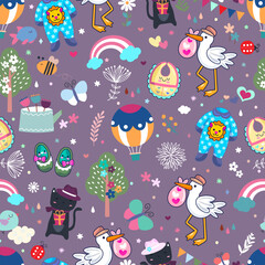 Baby illustration, colorful seamless pattern, baby clothes, rainbow, birds, animals, illustration, vector