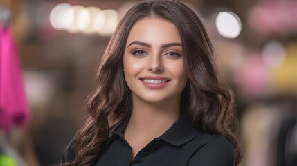 Obraz premium Close-up Photo: Smiling Woman Posing Confidently in a Retail Setting. AI Generated
