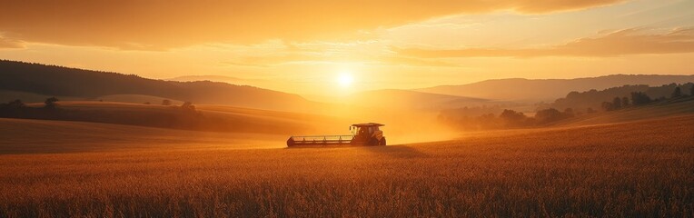 Combine Harvester in Golden Wheat Field at Sunset