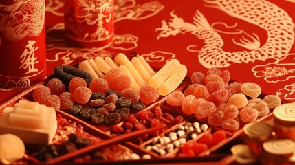A vibrant display of colorful traditional sweets and snacks on a red background, symbolizing celebration and culture.