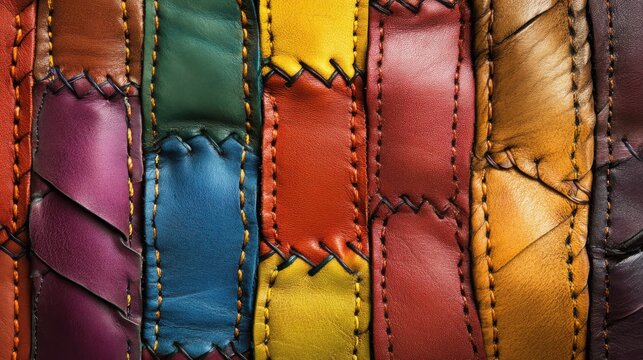 rich textured background where rainbow-colored leather panels are stitched together in a patchwork pattern. The mix of colors and textures adds depth and character to the design