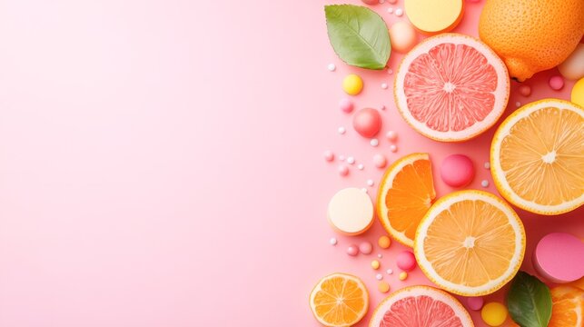 Vibrant display of citrus fruits and colorful sweets on a pink background, perfect for promoting fresh food, healthy recipes, or dessert ideas, Ideal for culinary blogs, social media, or marketing,