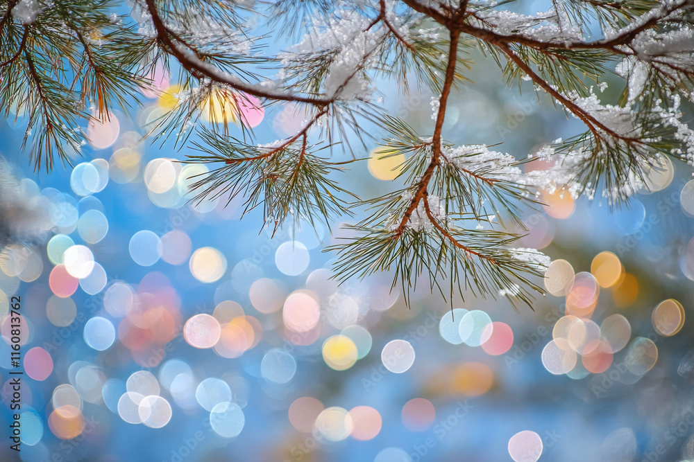 Poster snow-covered pine branches with colorful bokeh lights in a winter wonderland