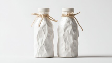 "Eco-Friendly Paper Wine Bottles: Cotton-Wrapped and Twine-Tied in a Minimalist Dark Red Christmas Setting"