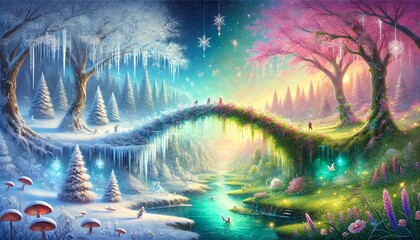 Fototapeta premium A Captivating Horizontal Fantasy Artwork of a Magical Bridge Transitioning from Winter's Snowy Serenity to Spring's Blooming Warmth in a Gentle Pastel Fantasy World