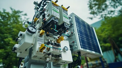 Fototapeta premium A close-up of a robotic machine equipped with solar panels, showcasing advanced technology for sustainable energy solutions.