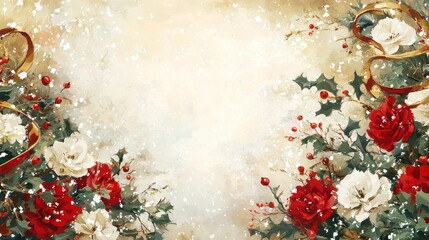 Beautiful Impressionistic Christmas Frame with Red and White Flowers, Holly, Berries, and Snowflakes Creating a Festive Border for Holiday Season Celebrations and Greetings