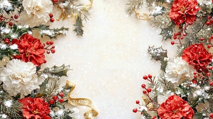 Impressive Christmas Border with Beautiful Flowers, Festive Decorations, and Delicate Snowflakes Creating a Magical Holiday Atmosphere