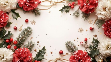 Elegant Christmas Frame Design with Red and White Flowers, Holly Leaves, Gold Accents, and Decorative Elements for Festive Holiday Art and Decoration