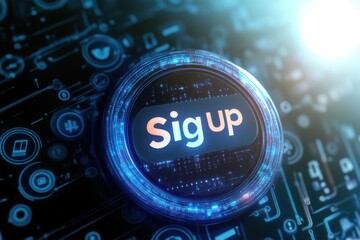 A glowing button with the text 'Sign up' on a digital interface, symbolizing online registration and opportunities.