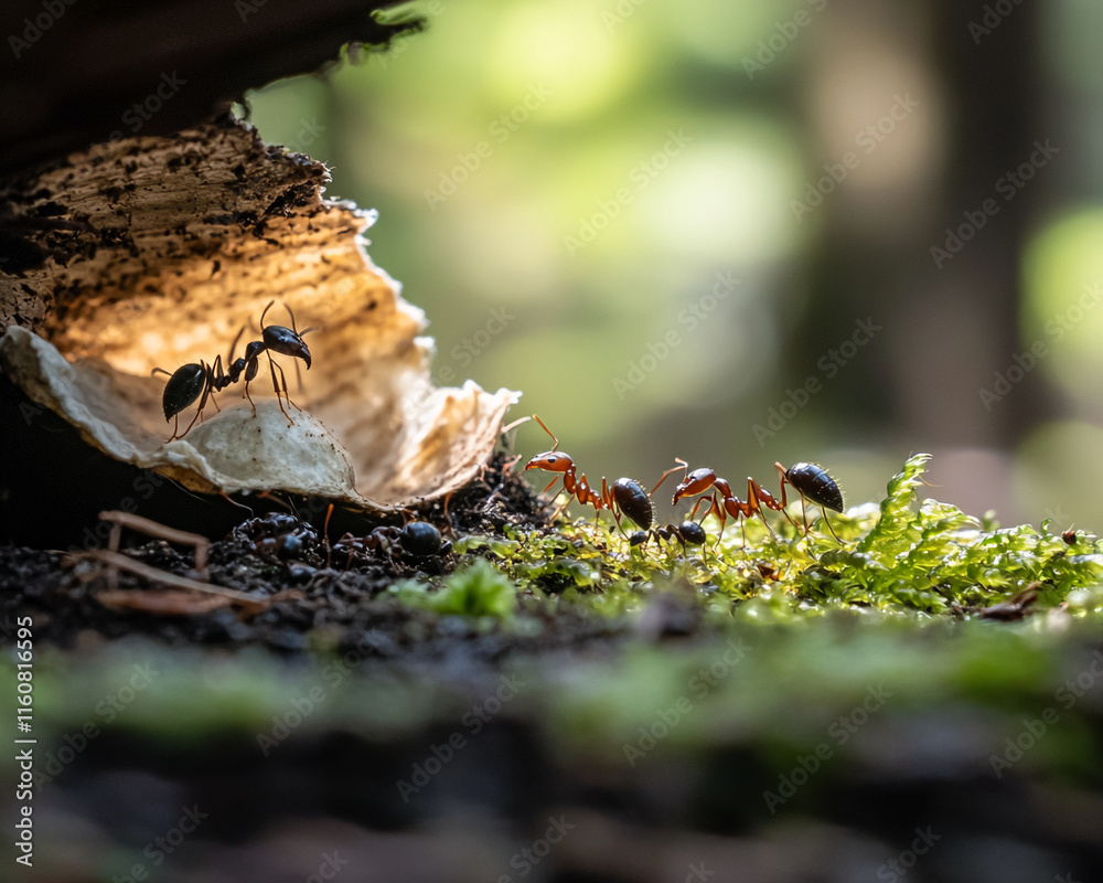 Poster ant colony exploring forest floor near illuminated mushroom cap with lush green moss